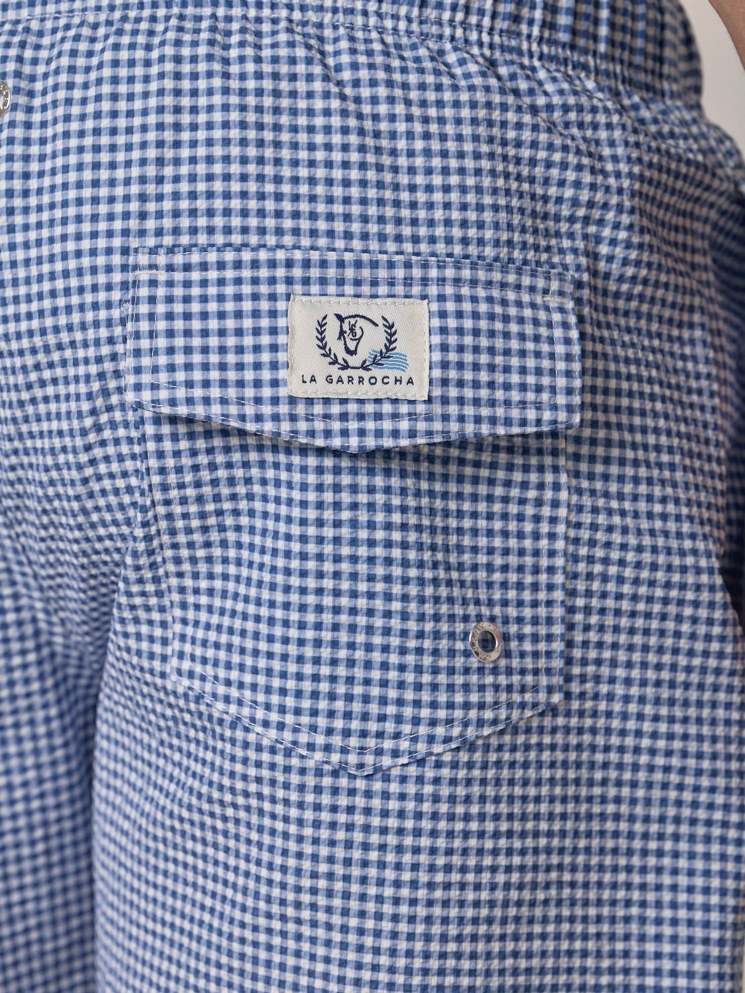 Calção de Banho Vichy em Seersucker | Azul Marinho