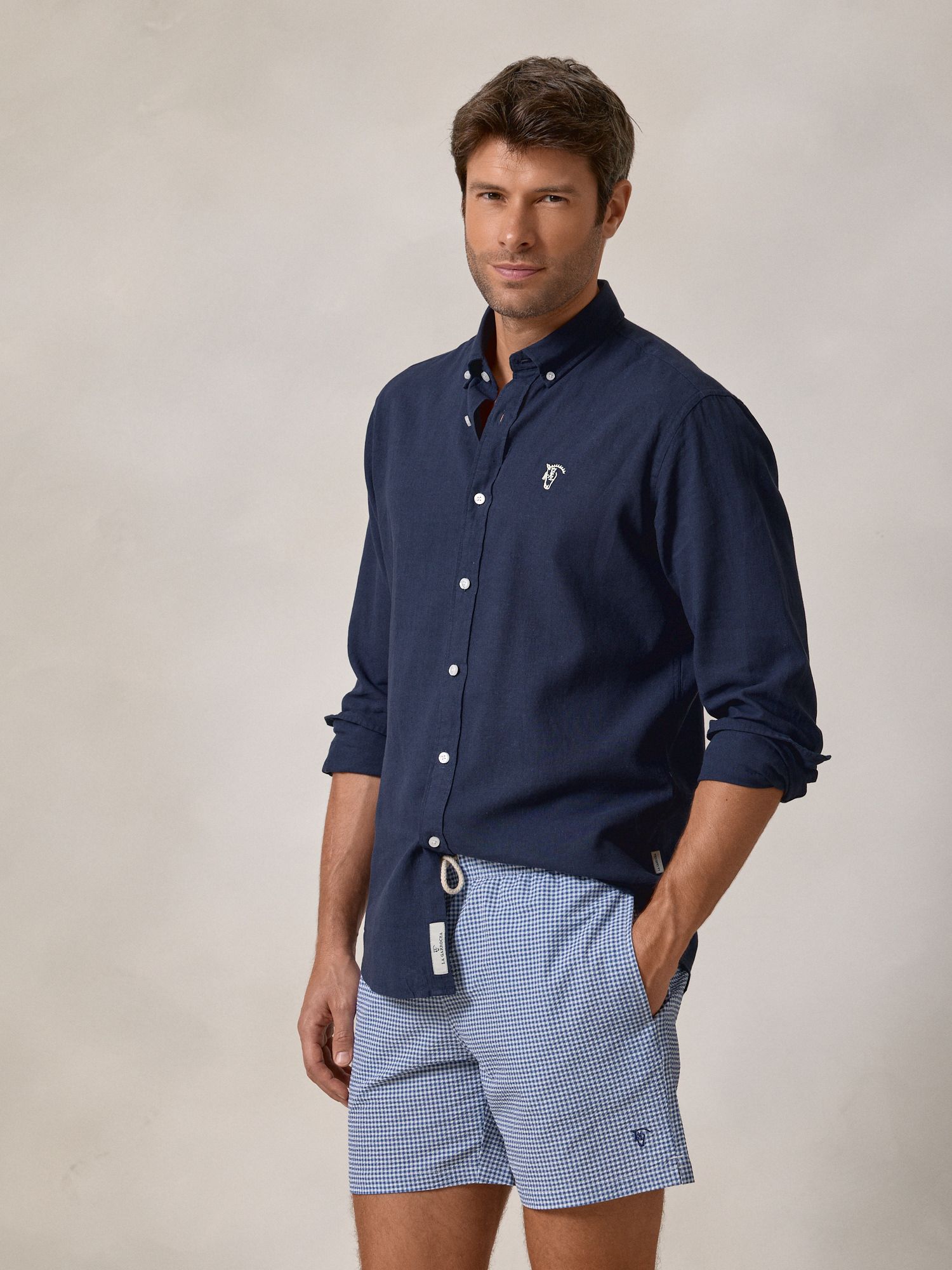 Calção de Banho Vichy em Seersucker | Azul Marinho