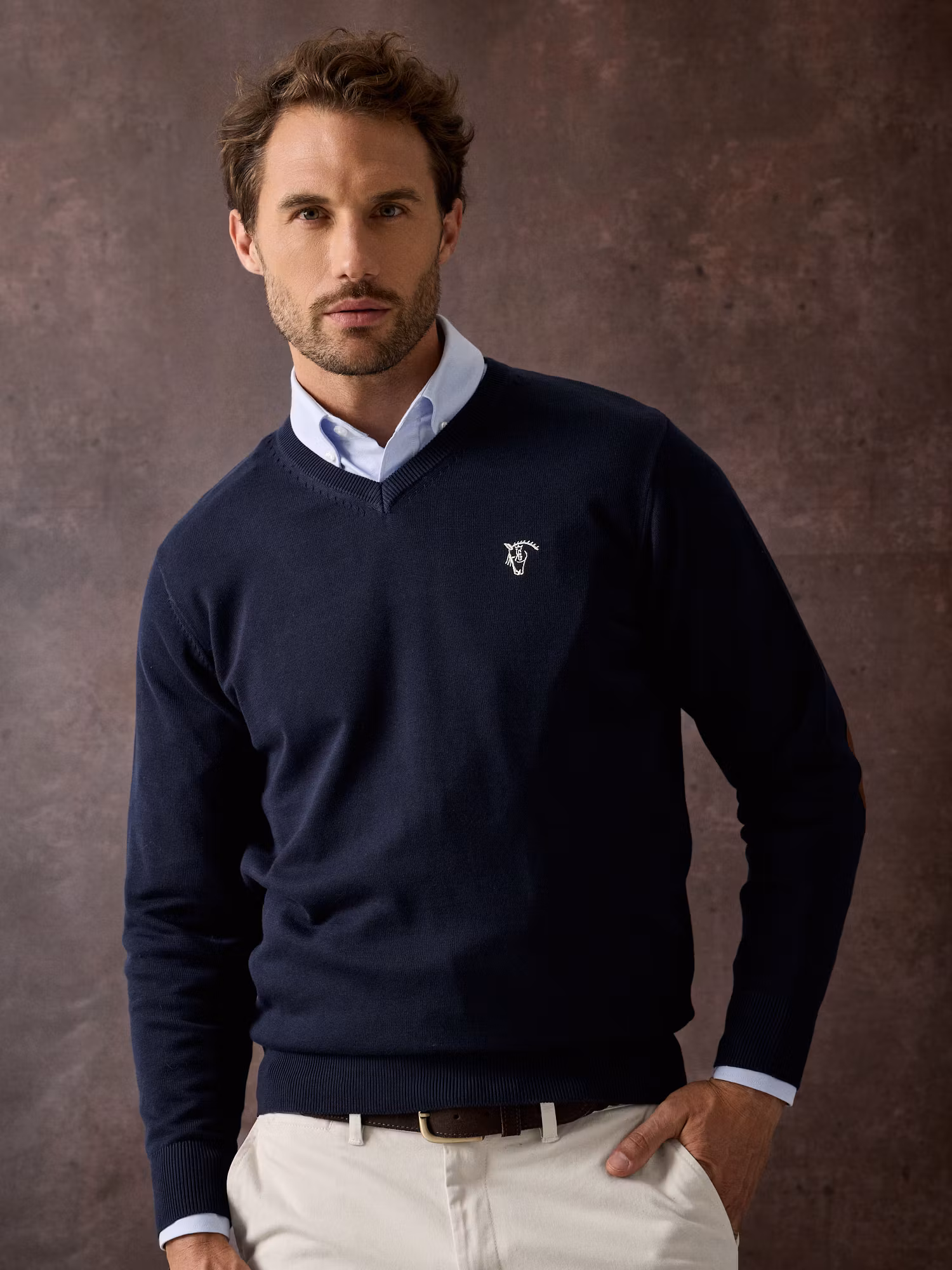V-neck sweater with elbow patch | Navy Blue