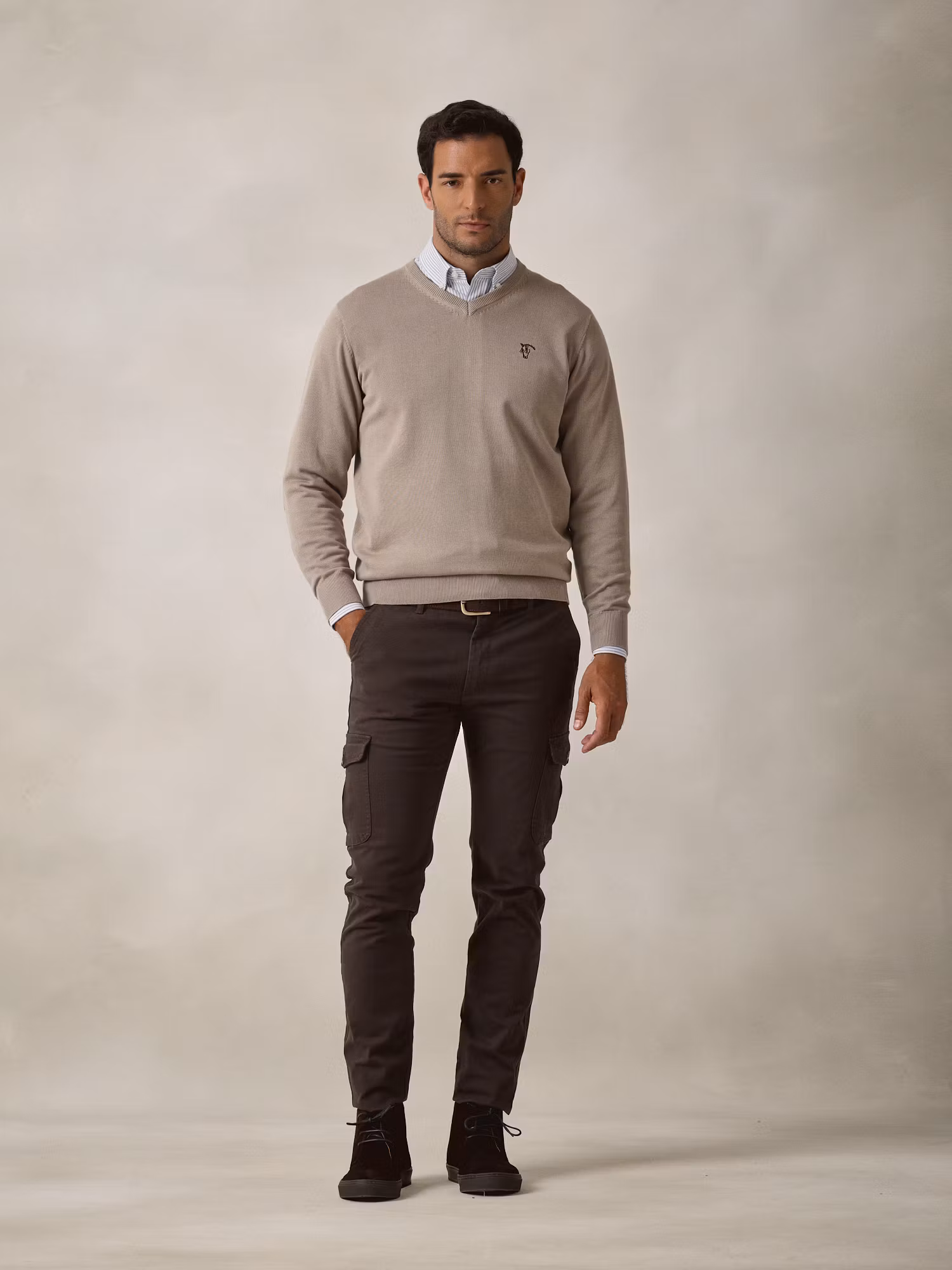 V-Neck Sweater with elbow patch | Stone