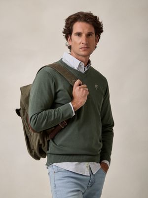 Pull col V avec coudières | Kaki