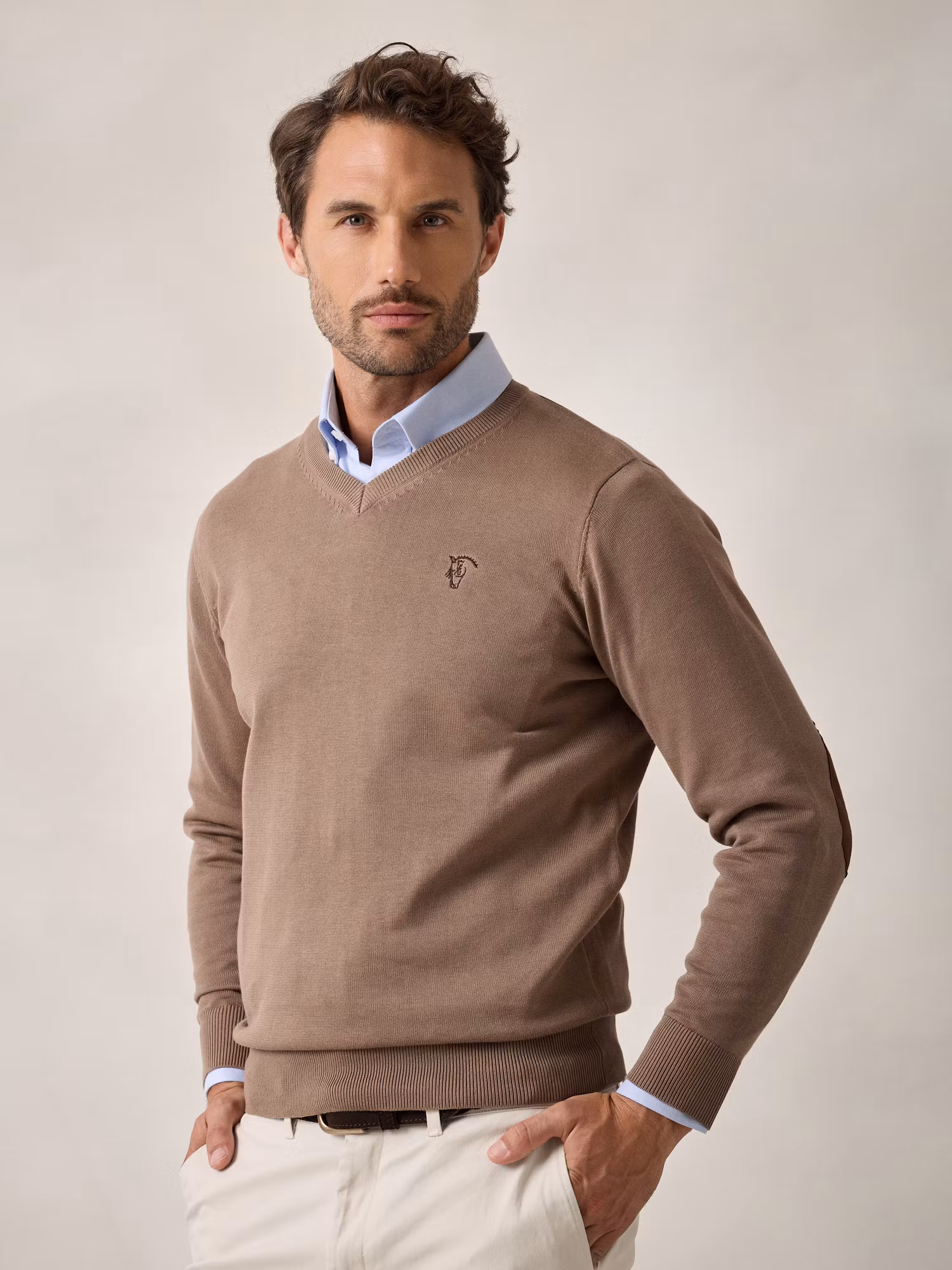 V-Neck Sweater with elbow patch | Taupe