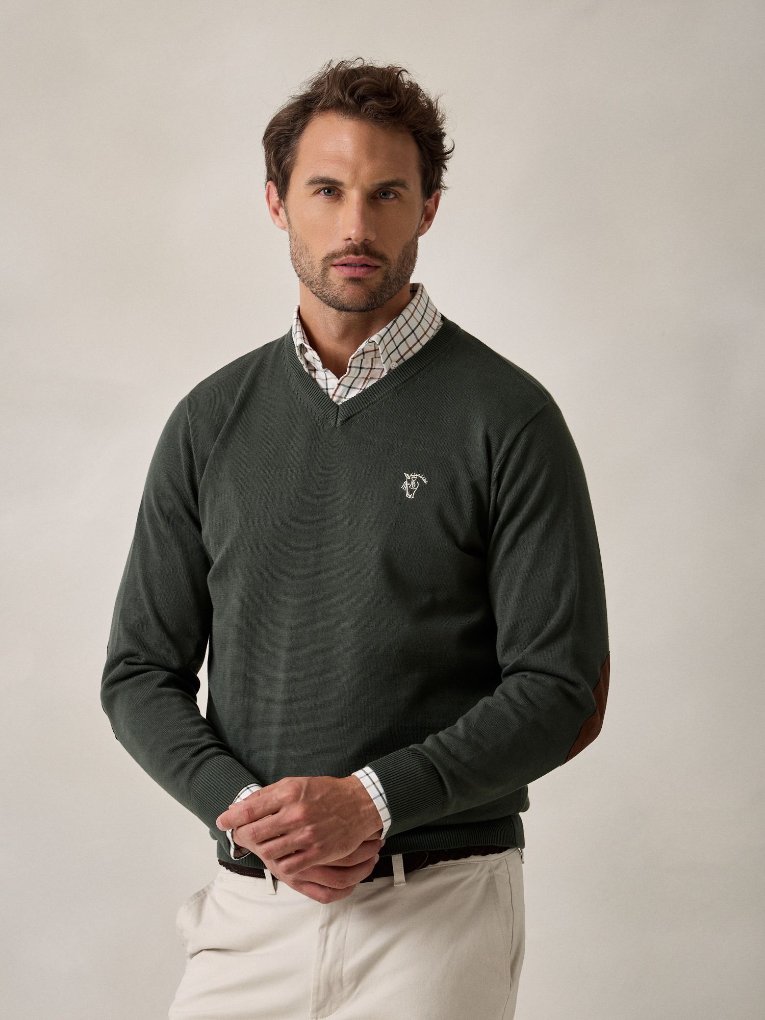 Pull col V avec coudières | Vert Sapin