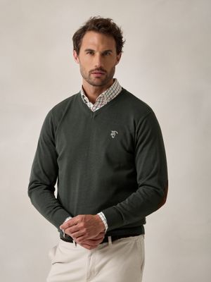 Pull col V avec coudières | Vert Sapin