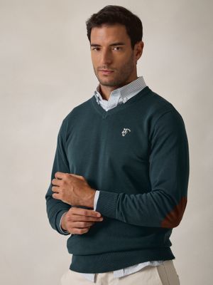 Pull col V avec coudières | Bleu Lac
