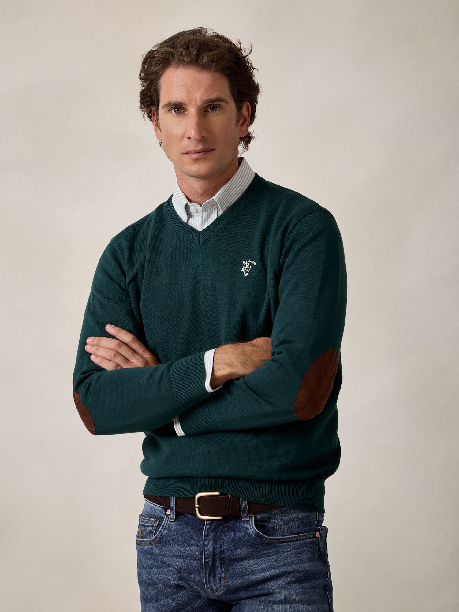 Pull col V avec coudières | Sarcelle