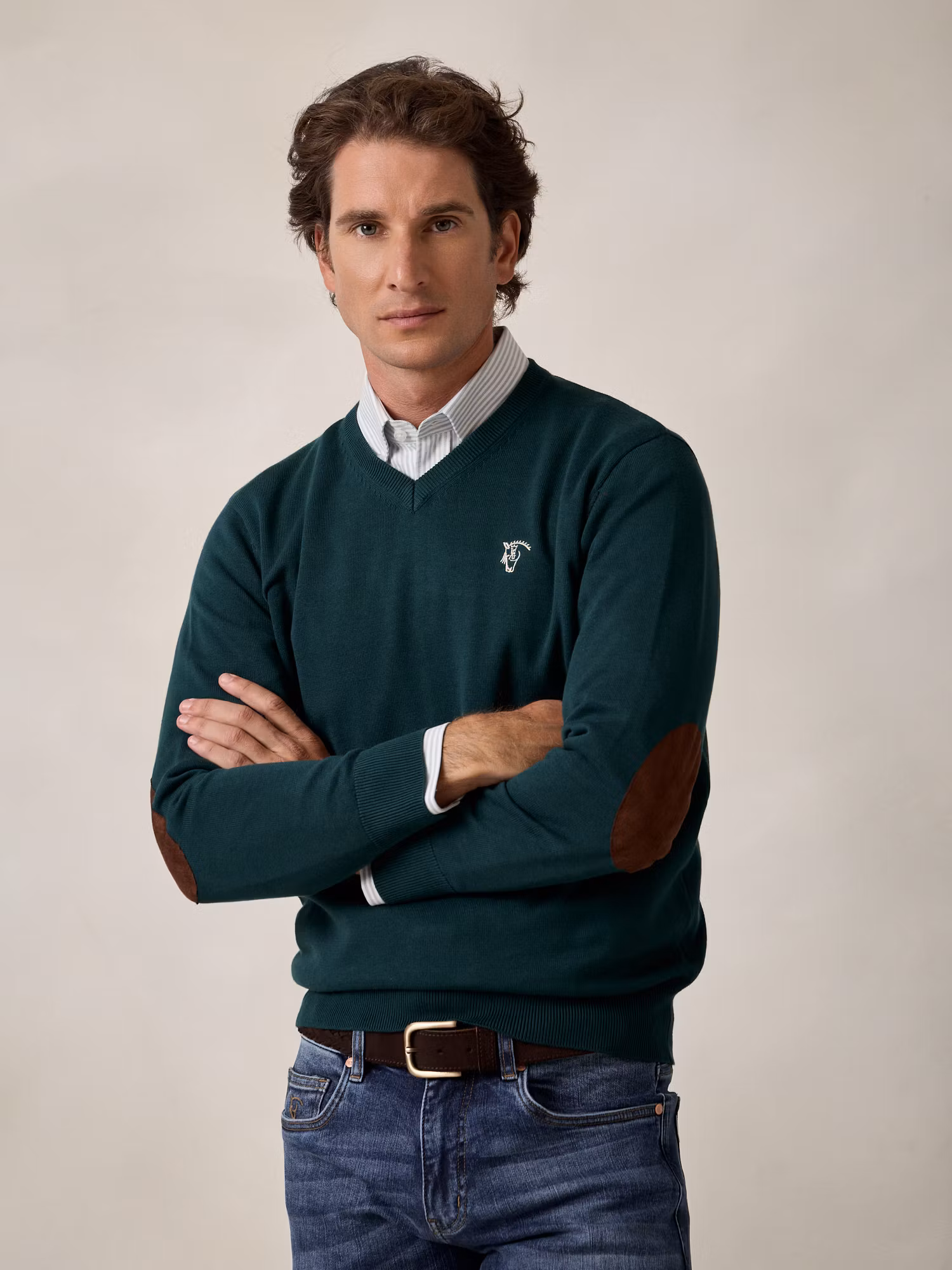 V-neck sweater with elbow patch | Teal