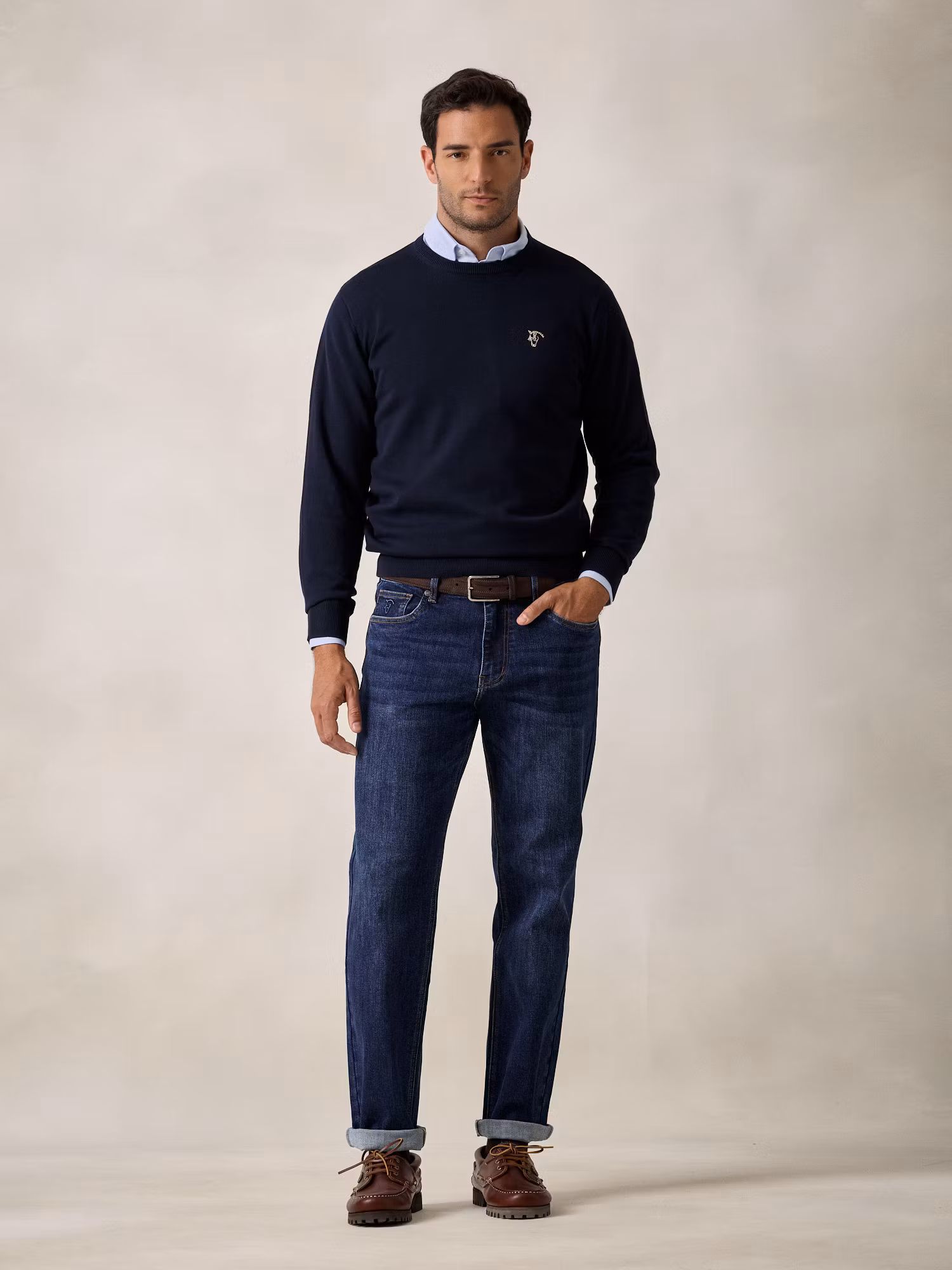 Pull Col Rond avec Coudières | Bleu Marine