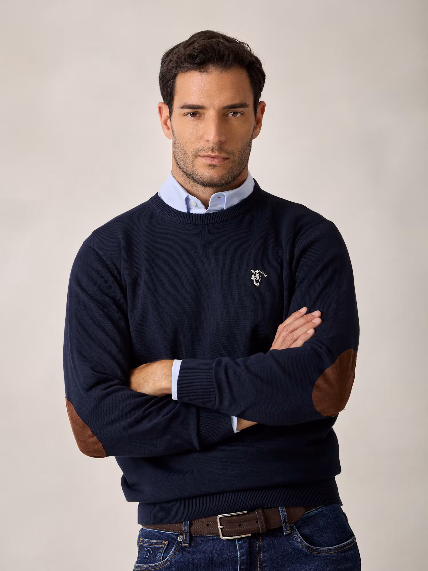 Pull Col Rond avec Coudières | Bleu Marine