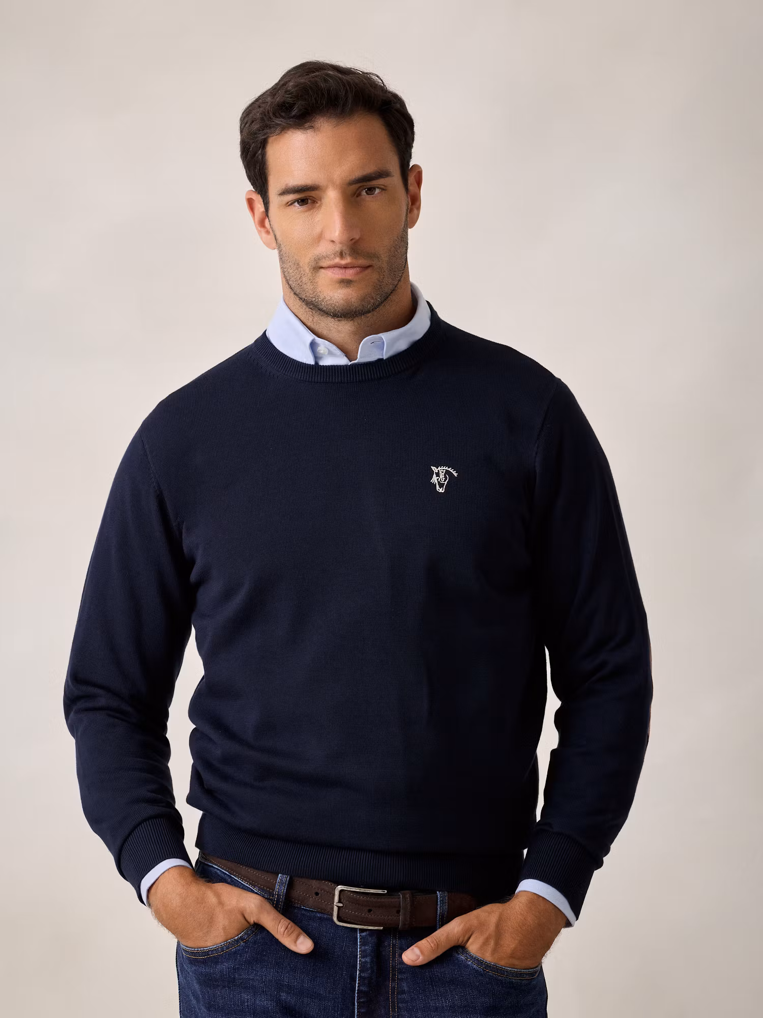 Elbow Patch Crewneck Sweater | Navy Blue