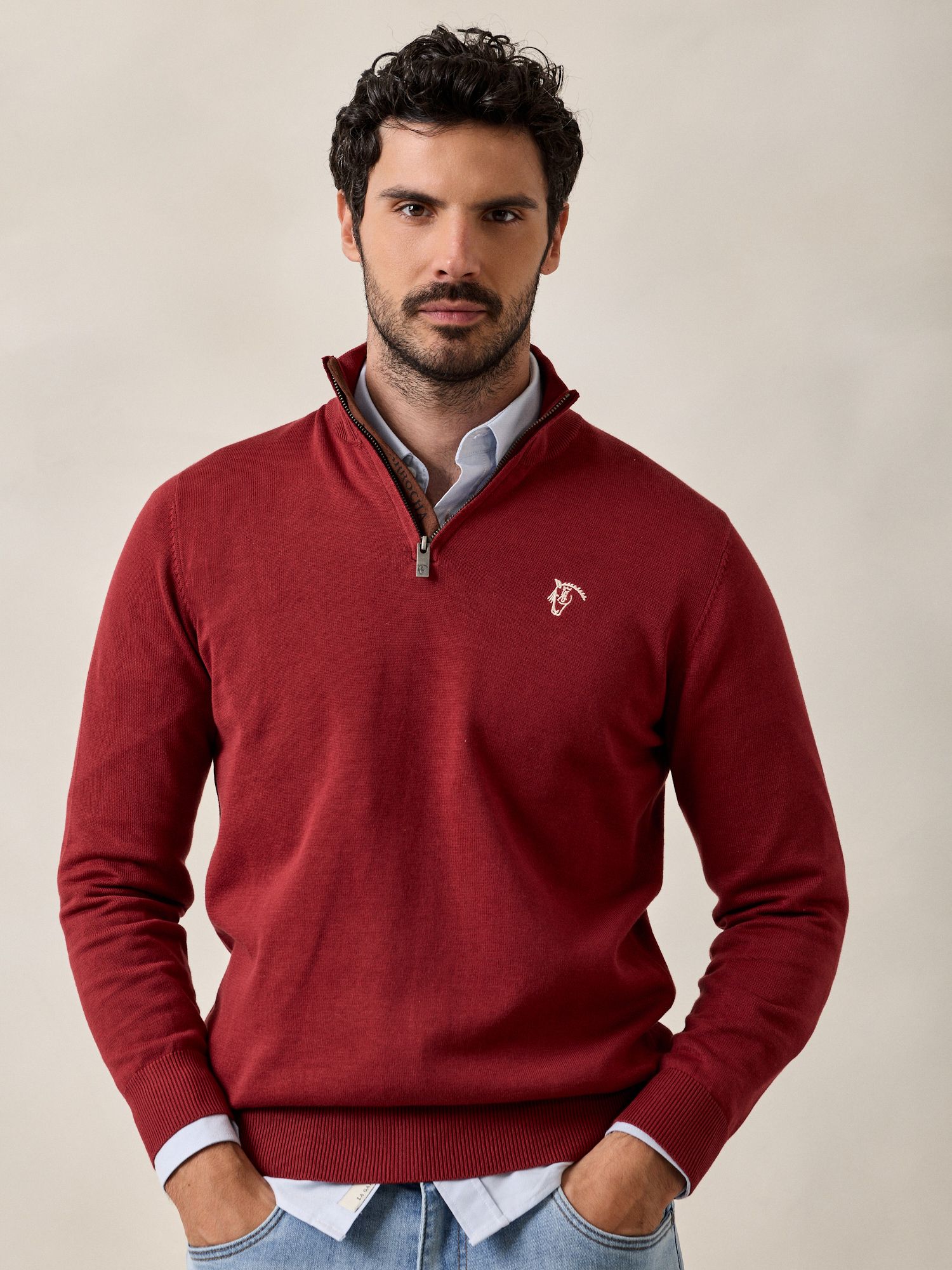Brand Half-Zip Sweater | Crimson